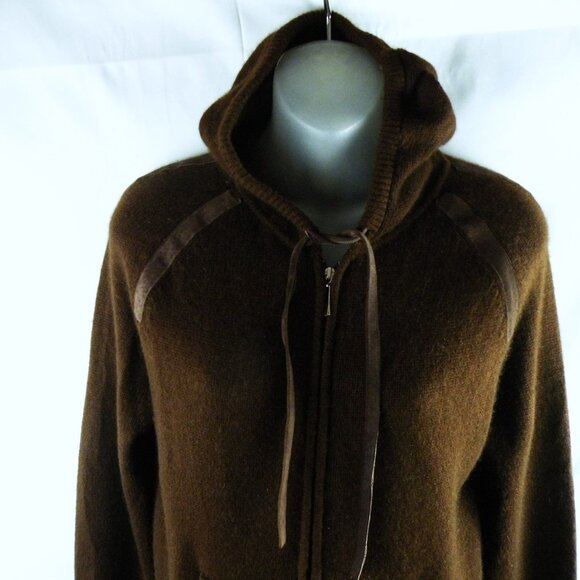 MALIKA CASHMERE brown hooded suede patch sweater M - Picture 2 of 6